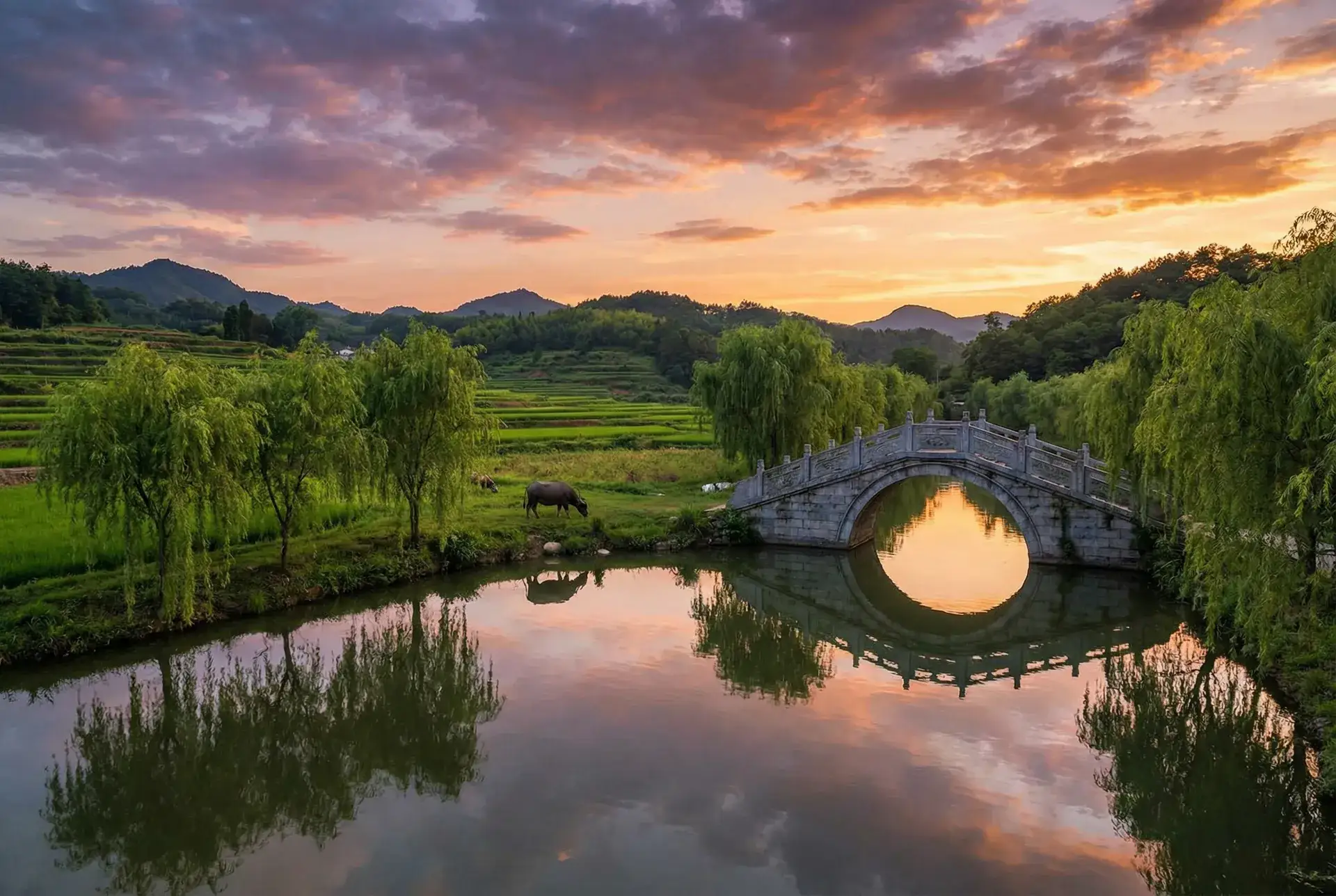 夕阳下的石拱桥与垂柳，水牛在河边吃草 - 施公奇案2国语 乡村美景